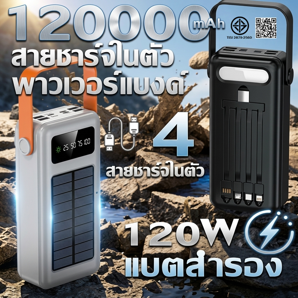powerbank พาวเวอร์แบงค์ 120000mAh Solar energy สายชาร์จในตัว ชาร์จเร็ว 120W  แบตสํารอง