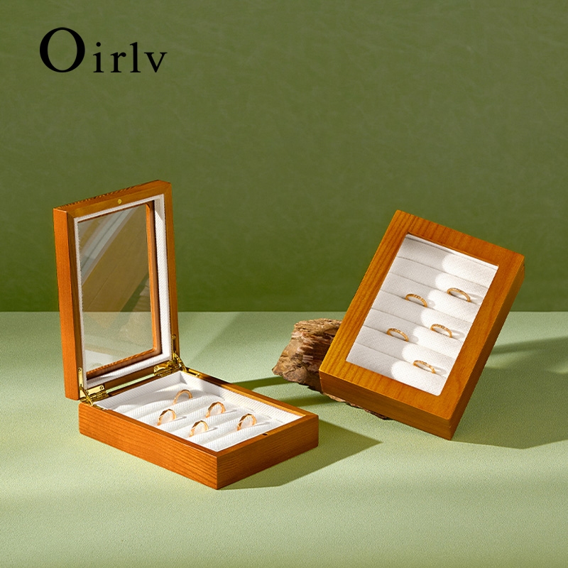 Oirlv ไม้กล่องเก็บเครื่องประดับฝาแก้ว Multi-grid เครื่องประดับ Organizer จอแสดงผลสําหรับแหวนต่างหูกําไลข้อมือ X024