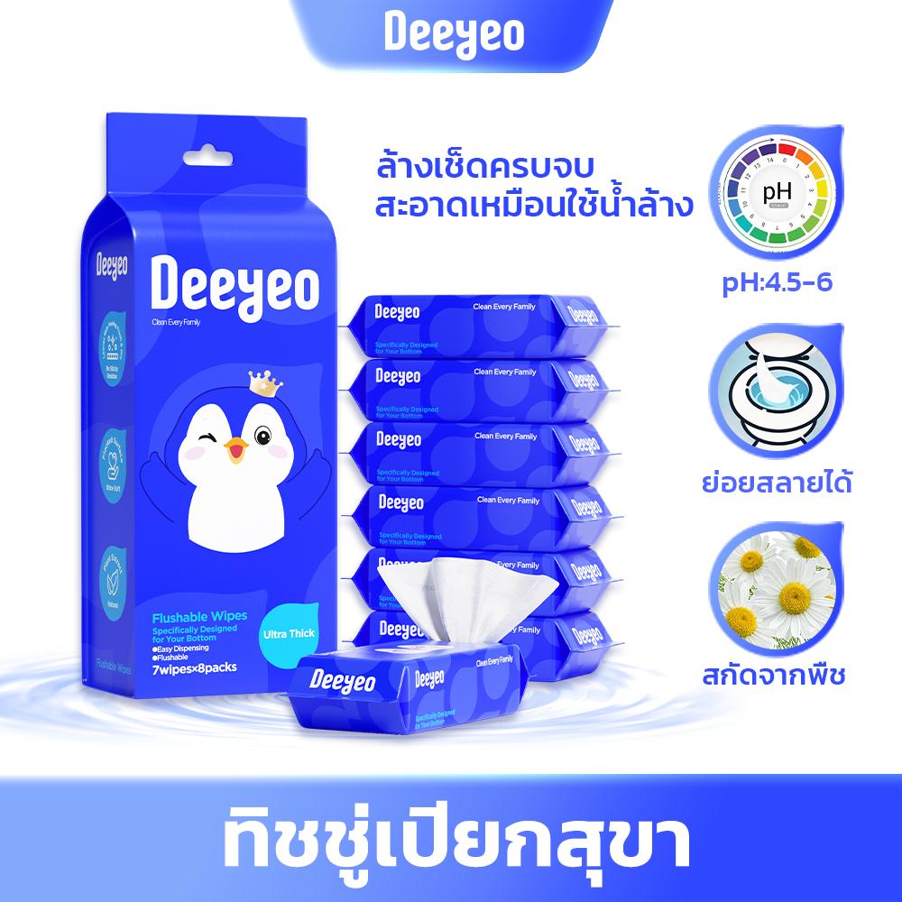 DEEYEO ทิชชู่เปียกห้องน้ำ สูตรอ่อนโยน ไม่มีแอลกอฮอล์ เนื้อนุ่มไม่หลุดลอกเศษกระดาษ กำจัดแบคทีเรียได้ 99% เหมาะสำหรับผิวบอบบางและทำความสะอาดจุดซ่อนเร้น 7 แผ่น x 8 ห่อ พกพาสะดวก