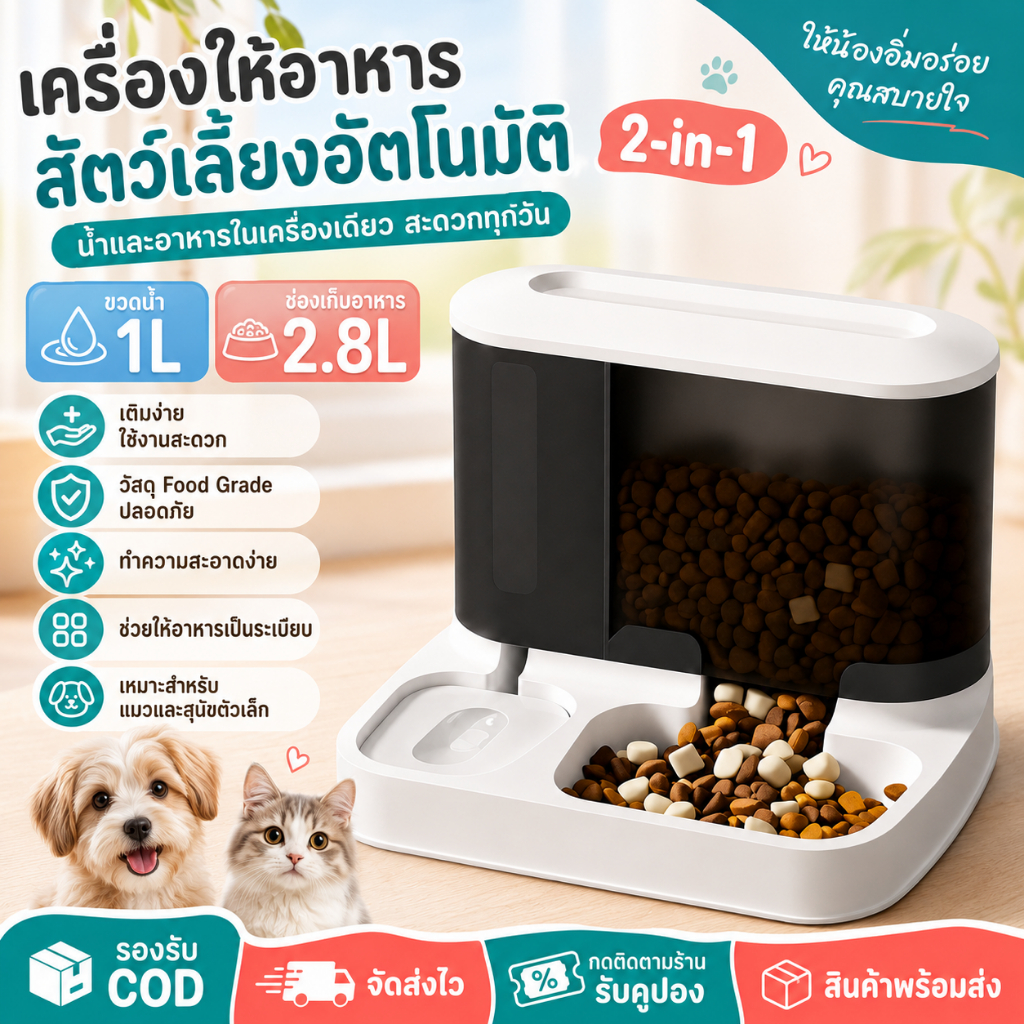เครื่องให้อาหารและน้ำสัตว์เลี้ยงอัตโนมัติ 2in1 ความจุใหญ่ สเตนเลสเกรดพรีเมี่ยม ป้องกันการรั่วไหล สำหรับแมวและสุนัข