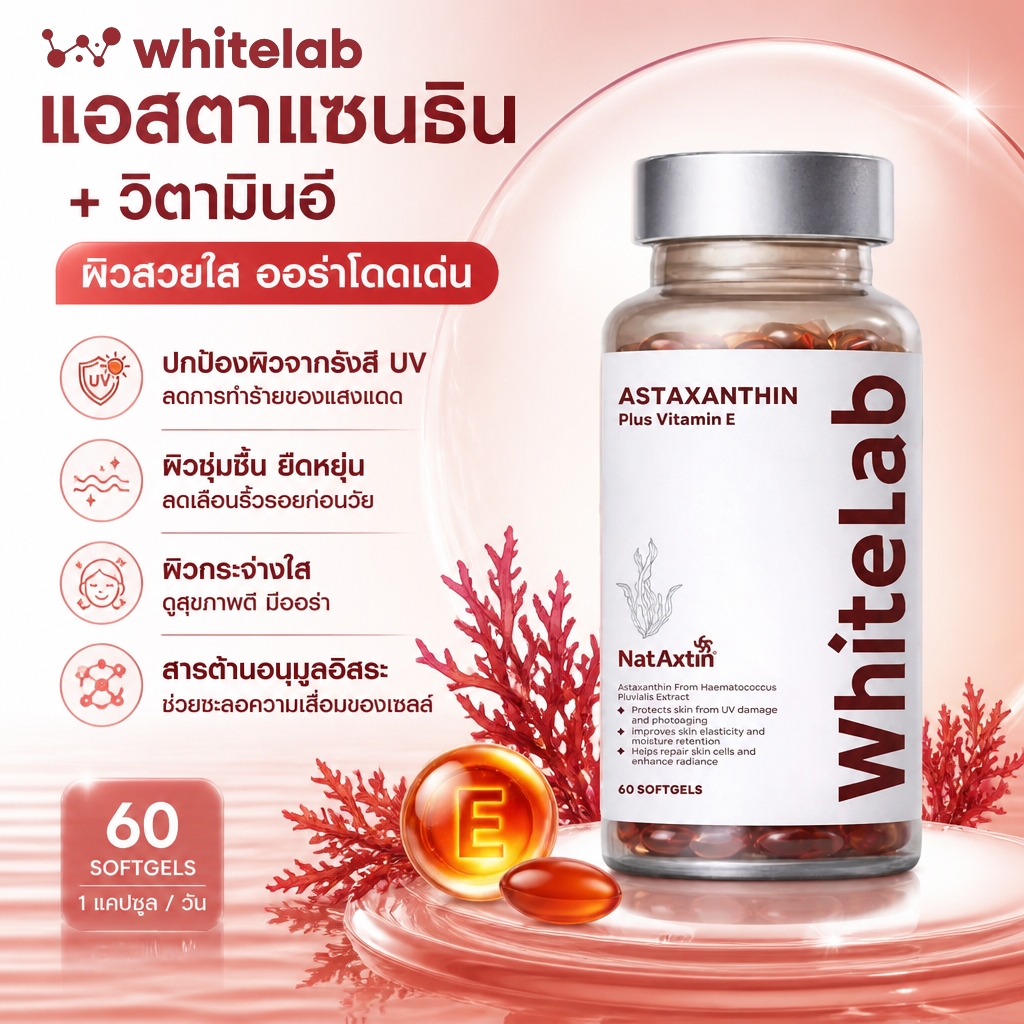 WhiteLab Astaxanthin and Vitamin E 60 Soft Capsules สกินแคร์ลดเลือนริ้วรอย