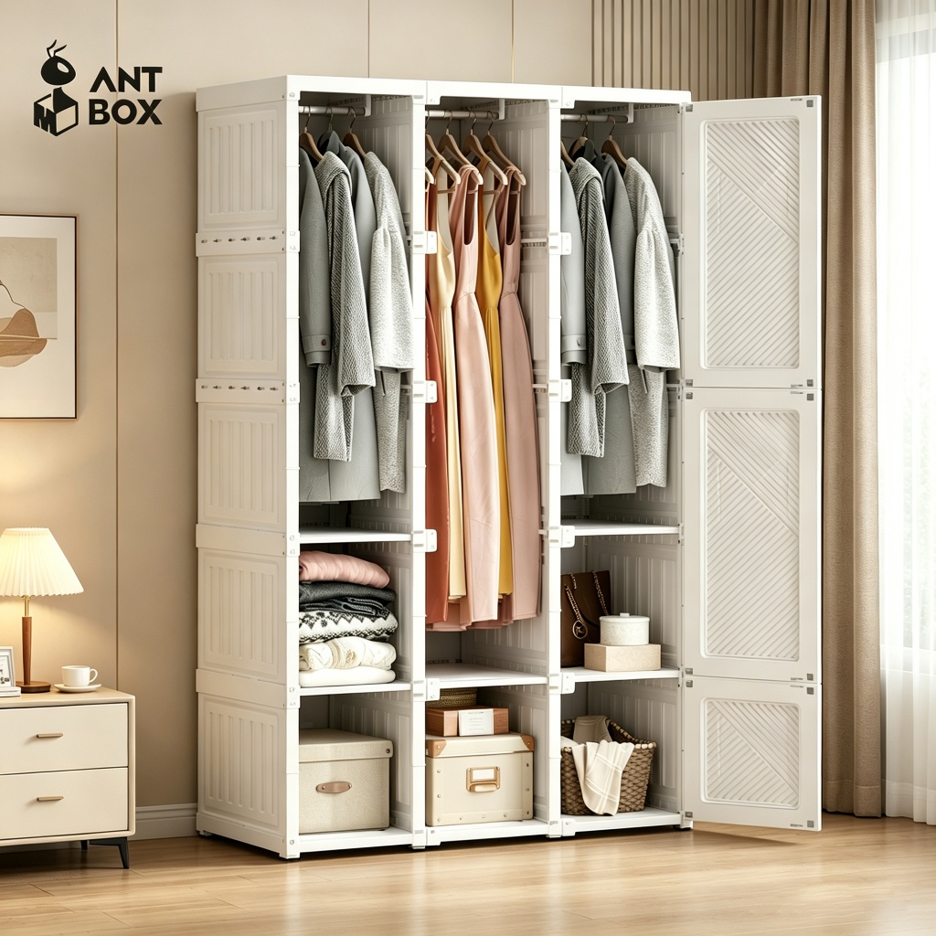 ANTBOX [พร้อมส่ง!!] ตู้เสื้อผ้าเอนกประสงค์  15 ช่อง 3 แขวน 890L ประตูสีขาวทึบ สไตล์มินิมอล ติดตั้งง่าย พับเก็บได้ สไตล์โมเดิร์น เหมาะกับการแต่งห้องทุกสไตล์