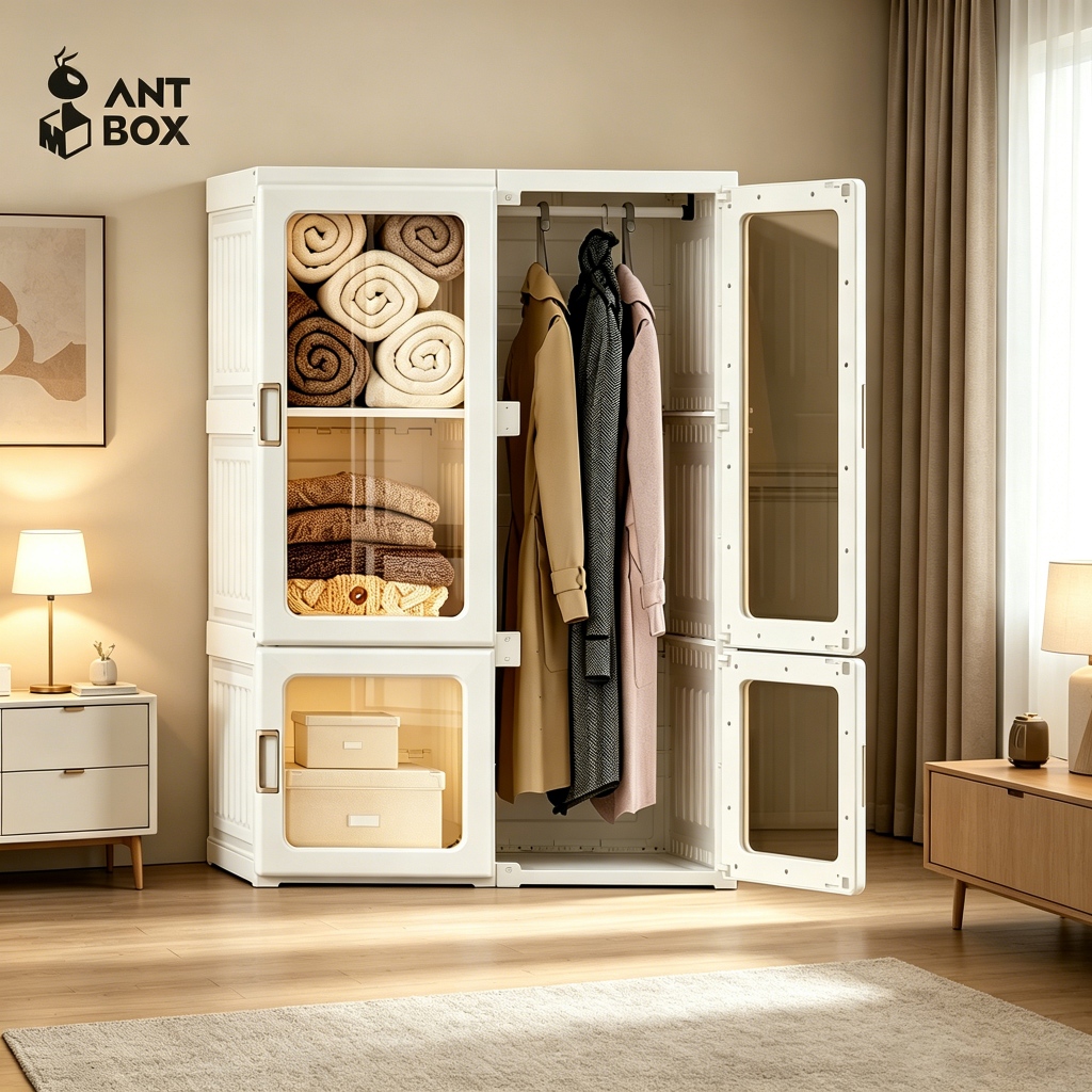 ANTBOX [พร้อมส่ง!! ] ตู้เสื้อผ้า 6 ช่อง 1 แขวน 360L ประตูใสโปร่งแสงมองเห็นด้านในได้ สไตล์โมเดิร์น เห