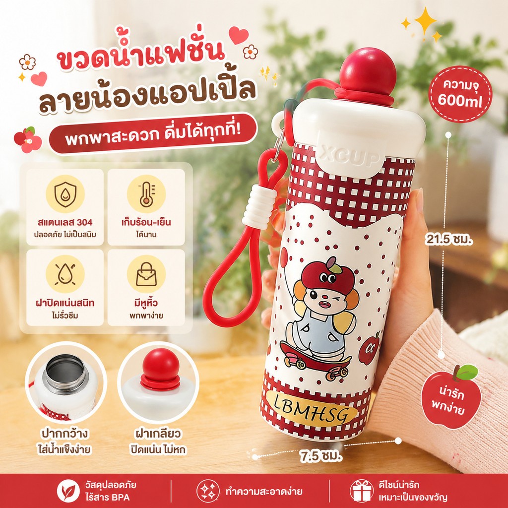 [ซื้อ 1 แถม 1]ถ้วยน้ำฉนวน ถ้วยน้ำเย็น 316สแตนเลส รูปแบบการ์ตูนน่ารัก การเก็บรักษาความร้อนเป็นเวลานาน