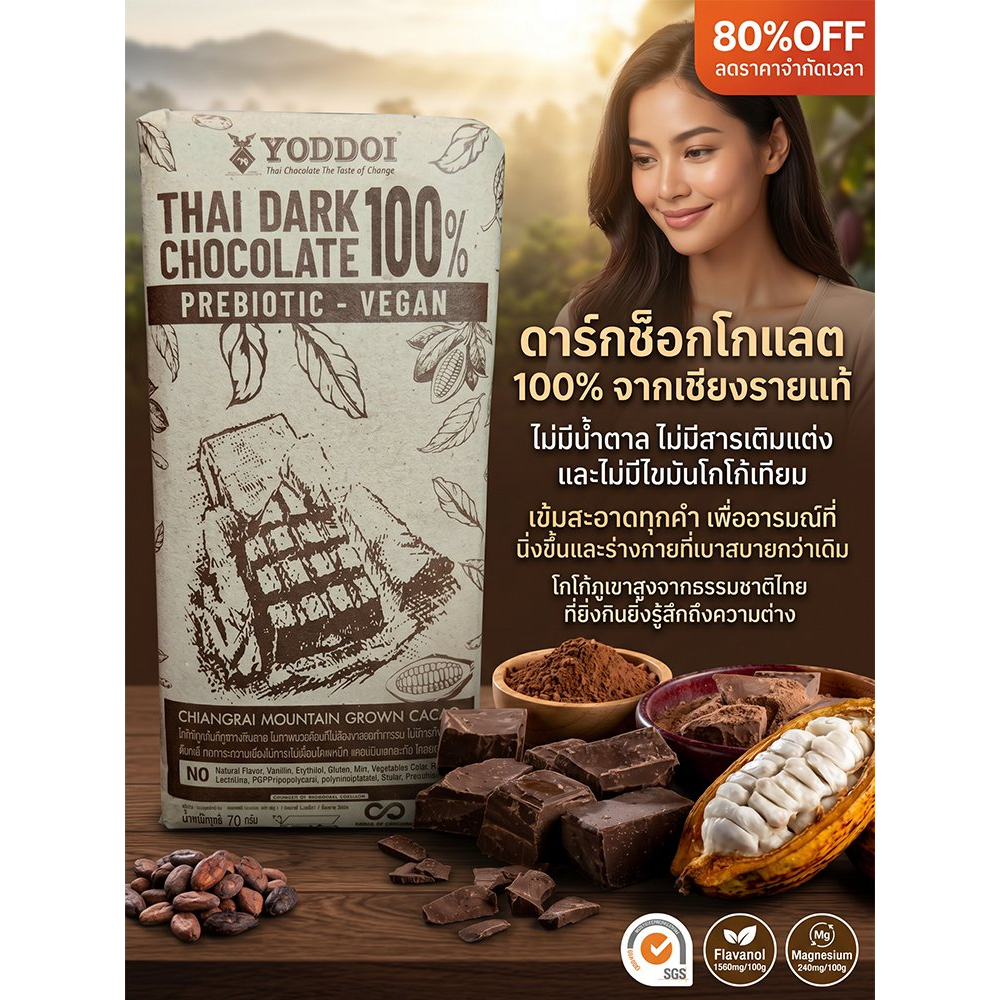 【0 น้ำตาล 0 ภาระ】 ช็อกโกแลตดำบริสุทธิ์ 100% จากเชียงราย เข้มข้น หอม หวานละมุน อร่อย ไม่มีน้ำตาล หอมเข้มขึ้น ขนาด