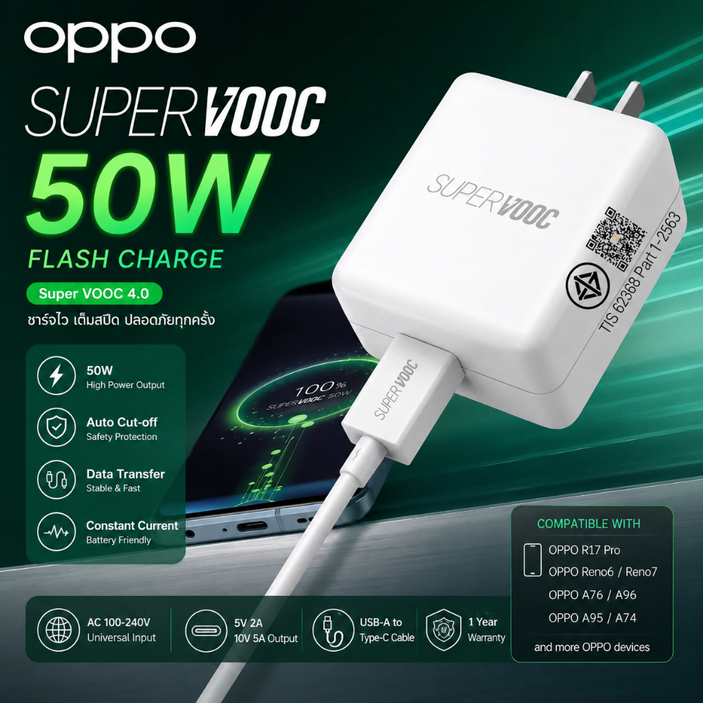 ชุดชาร์จ Super VOOC 50W พร้อมสาย Type-C ชาร์จไว ตัดไฟอัตโนมัติ ใช้กับ R17 Pro Reno6 Reno7 A76 รับประกัน 1 ปี