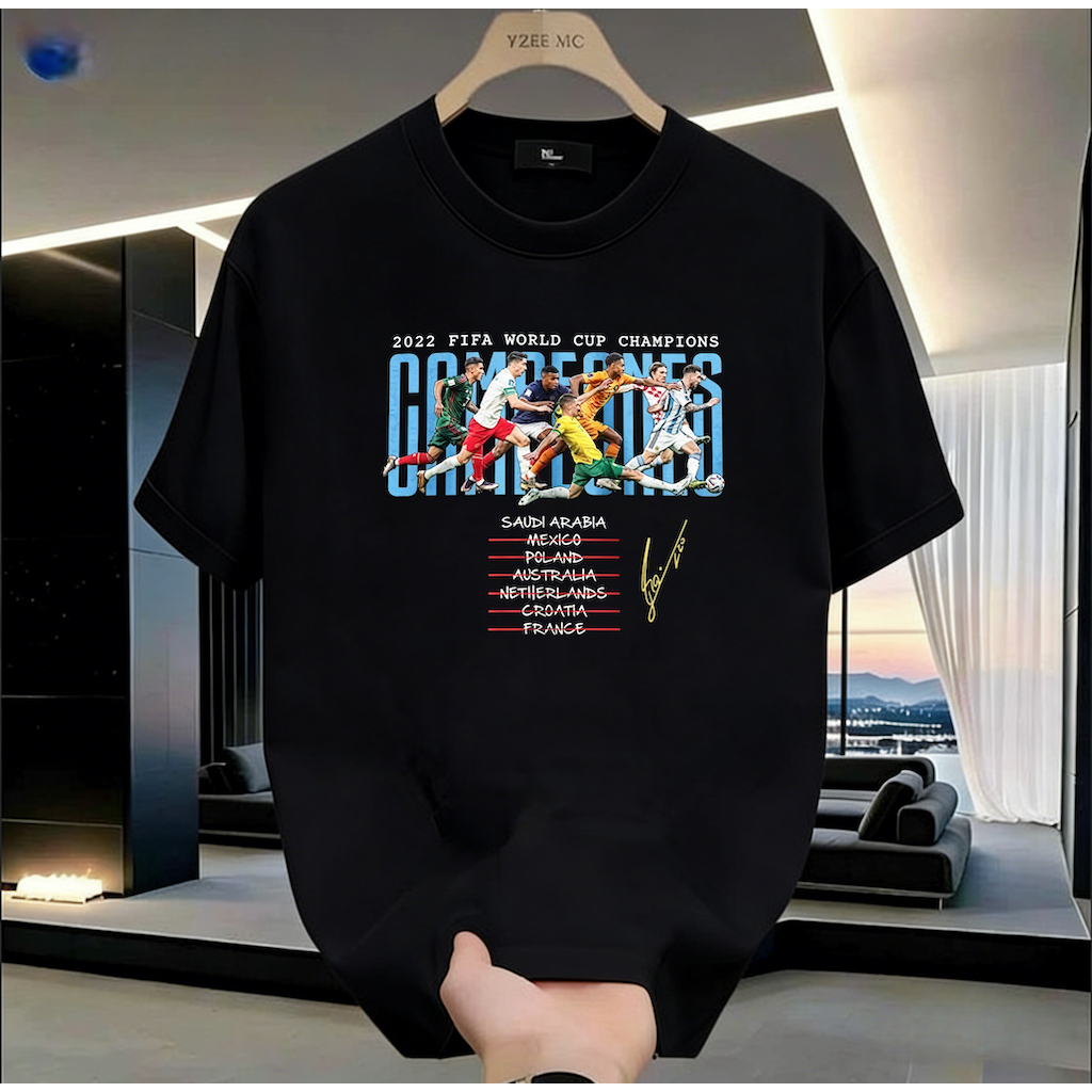 2022 ฟุตบอลโลกอาร์เจนตินาแชมป์แขนสั้นเสื้อยืดผู้ชายผู้หญิงสไตล์เดียวกันหลวมสบายๆด้านบนแฟนทุกการแข่งขันครึ่งแขน