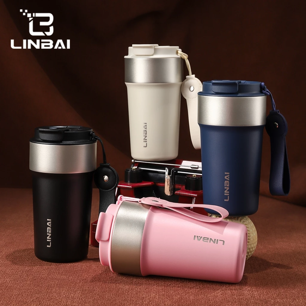 LINBAI กระติกน้ํา 500ML ฉนวน Tumbler พร้อมฟางเซรามิคด้านใน + 304 ขวดน้ําสแตนเลส Double Wall Leakproof แก้ว