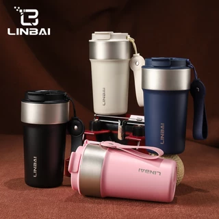 LINBAI กระติกน้ํา 500ML ฉนวน Tumbler พร้อมฟางเซรามิคด้านใน + 304 ขวดน้ําสแตนเลส Double Wall Leakproof แก้ว