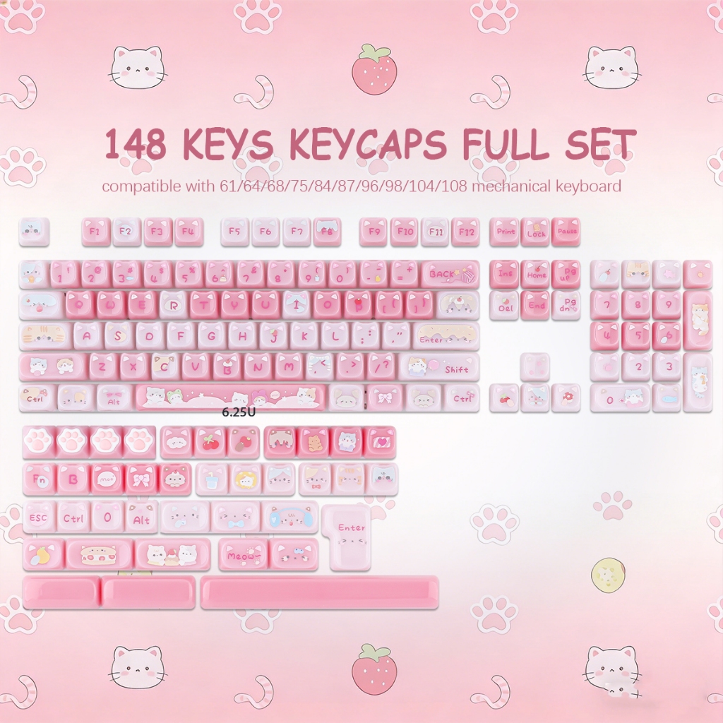 Meow Meow Pudding Keycaps 148 คีย์ PBT Keycaps MAO โปรไฟล์ DYE-SUB สําหรับ MX switch แป้นพิมพ์เครื่อ