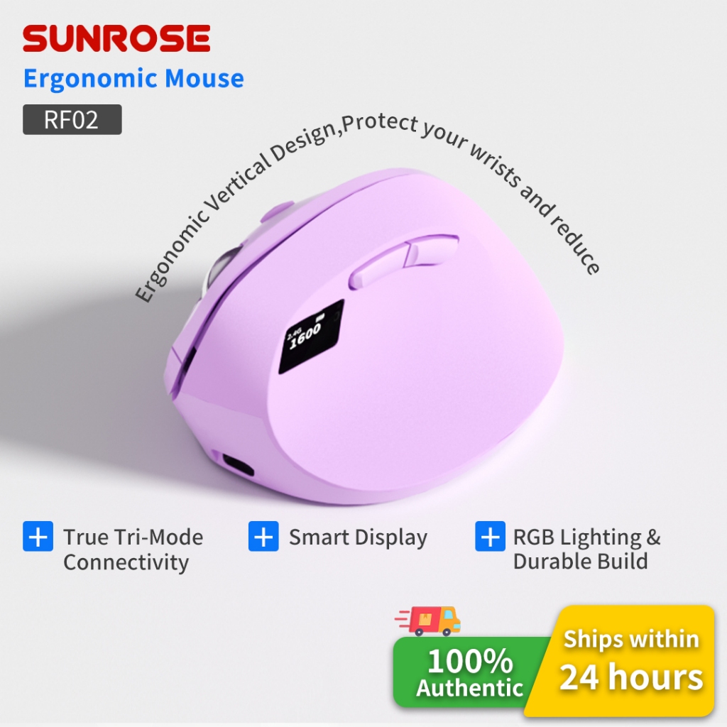 【+1 ฿ รับของแถม】SUNROSE RF02 เมาส์ตามหลักสรีรศาสตร์สํานักงานแบบชาร์จไฟได้ 3 โหมด (แบบมีสาย + 2.4ก + บลูทูธ) จุดต่อนิ้ว และไฟแสดงสถานะแบตเตอรี่บรรเทาอาการปวดข้อมือแบบชาร์จได้สํานั