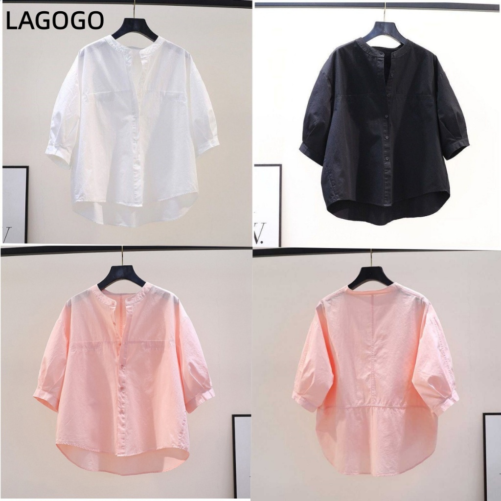 สีชมพูรอบคอเสื้อผู้หญิงฤดูร้อนหลวมกลางแขนเสื้อ