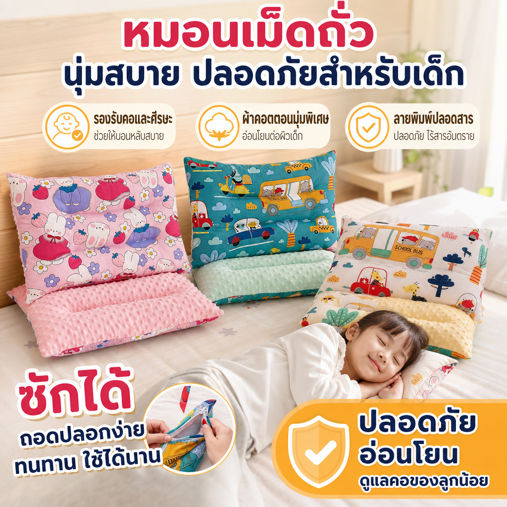 หมอนเด็ก 1-6 ปี ผ้าฝ้าย 100% นุ่มสบาย ระบายอากาศดี รองรับศีรษะและลำคอ หมอนงีบกลางวัน หมอนนอนเด็ก ใช้ได้ทุกฤดู
