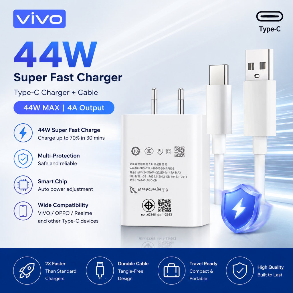 ชุดชาร์จ VIVO 44W Type-C หัวชาร์จ+สาย 4A รองรับชาร์จเร็ว ใช้กับ V20Pro V23E Y76 X50 พกง่าย รับประกัน