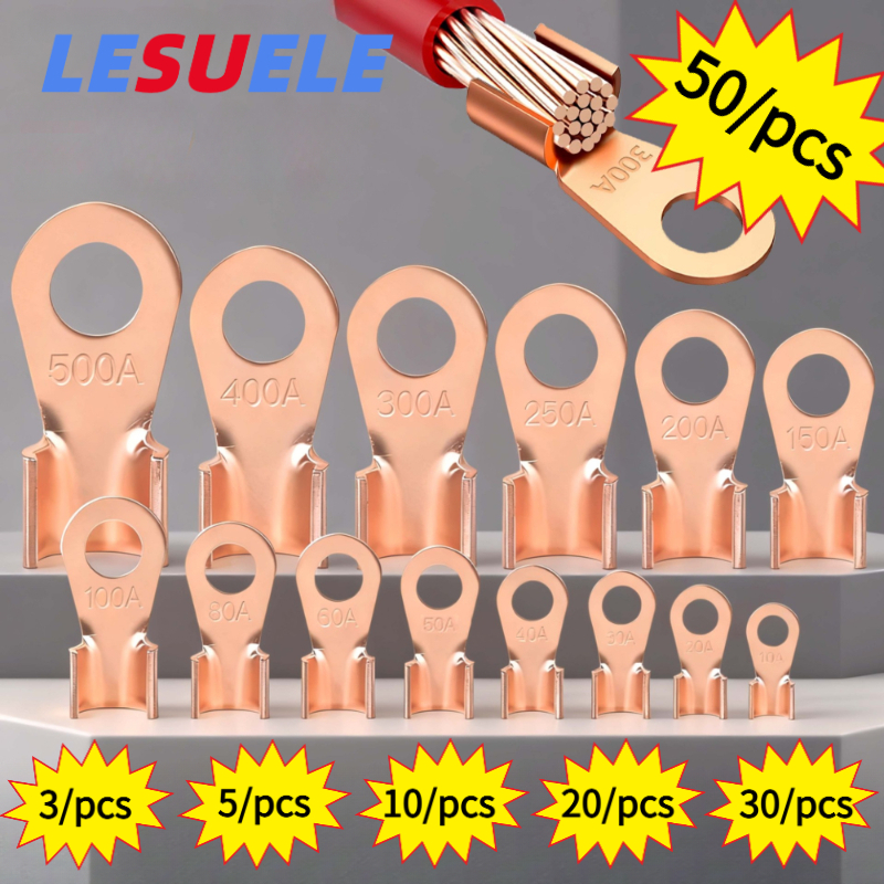 LESU 50/pcs 30/pcs OT ทองแดงเปิดจมูกทองแดงบริสุทธิ์ Terminal 10A/50A/500Amm2 รอบรูแบตเตอรี่สายหูทองแดง Connector
