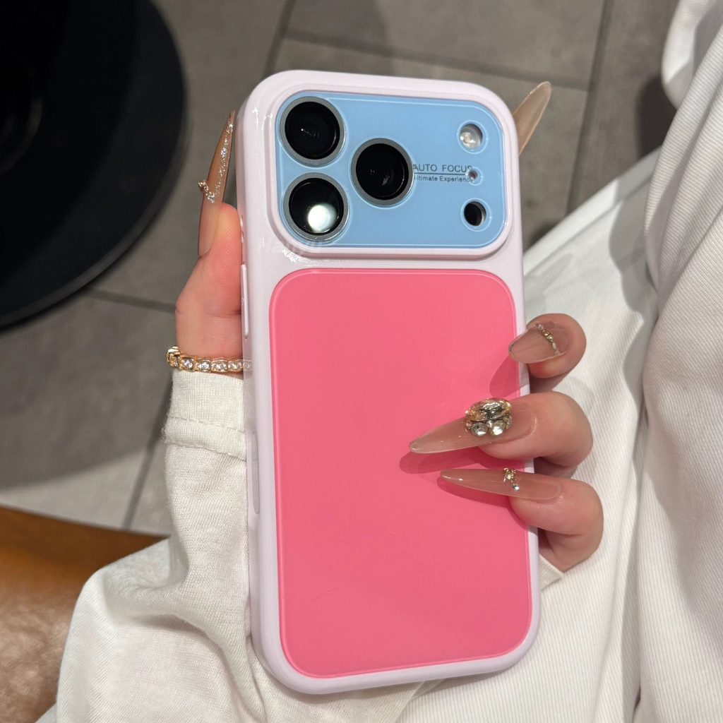 Ins Contrasting สีGlossyอะคริลิคเคสโทรศัพท์สําหรับiPhone 17 16 15 14 13 Pro Maxฟิล์มเลนส์หน้าต่างขนาดใหญ่ปกป้องโทรศัพท์กันกระแทกฝาหลัง