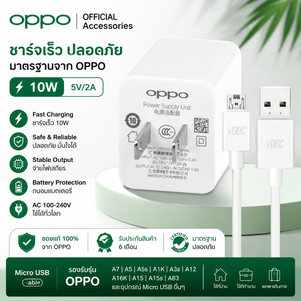 ชุดหัวชาร์จ OPPO VOOC 10W พร้อมสาย Micro USB 5V 2A ชาร์จไว ส่งข้อมูลได้ สำหรับ A7 A5s A12 A15 รับประกัน