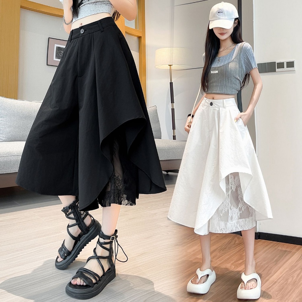 Big Eyes กางเกงขากว้าง-Trousers-2 สีลูกไม้เย็บ Cropped Pants-2026 ฤดูร้อนไม่สม่ําเสมอ Hakama-Loose Slimmer ดูกางเกงขากว้าง