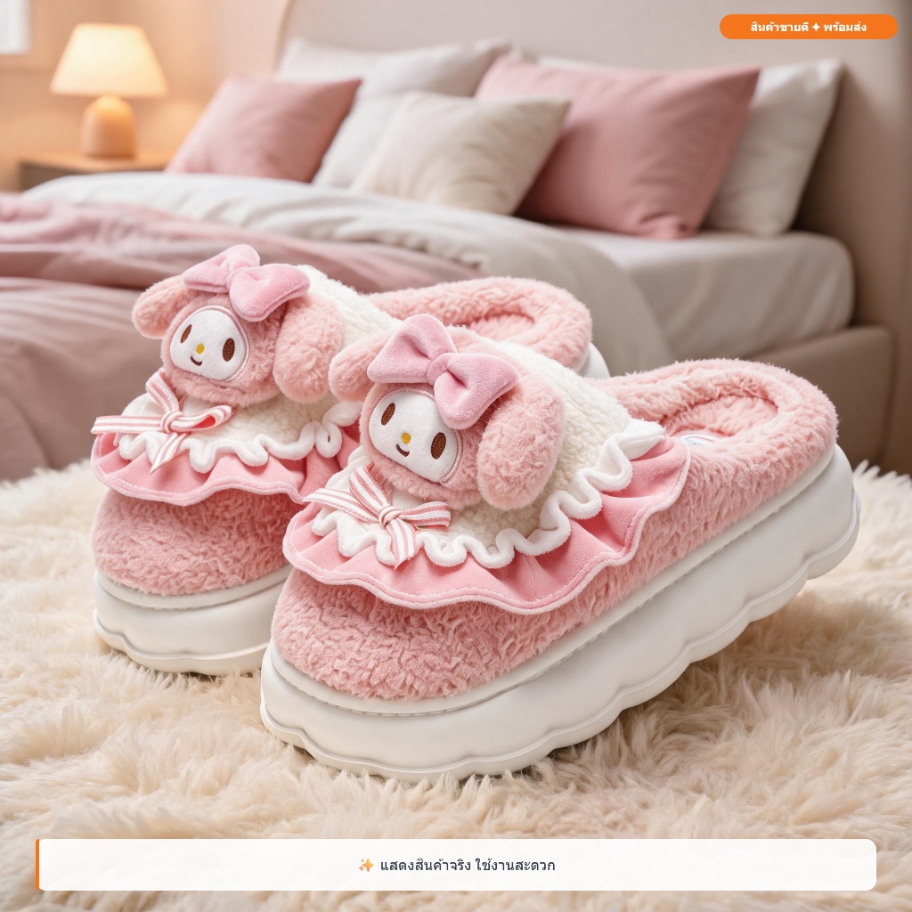 คุโรมิ มายเมโลดี้ ซานริโอ รองเท้าแตะ ขนนุ่ม Fluffy กันลื่น น่ารัก พื้นหนา สบาย รองเท้าบ้าน