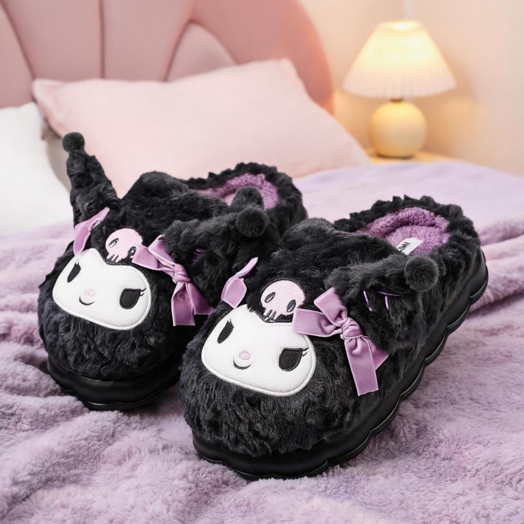 คุโรมิ ซานริโอ รองเท้าแตะ ขนนุ่ม Fluffy พื้นหนา กันลื่น สบาย เบา ฤดูหนาว ใช้ในบ้าน รองเท้าบ้าน น่ารัก ส่งฟรี พร้อมส่ง