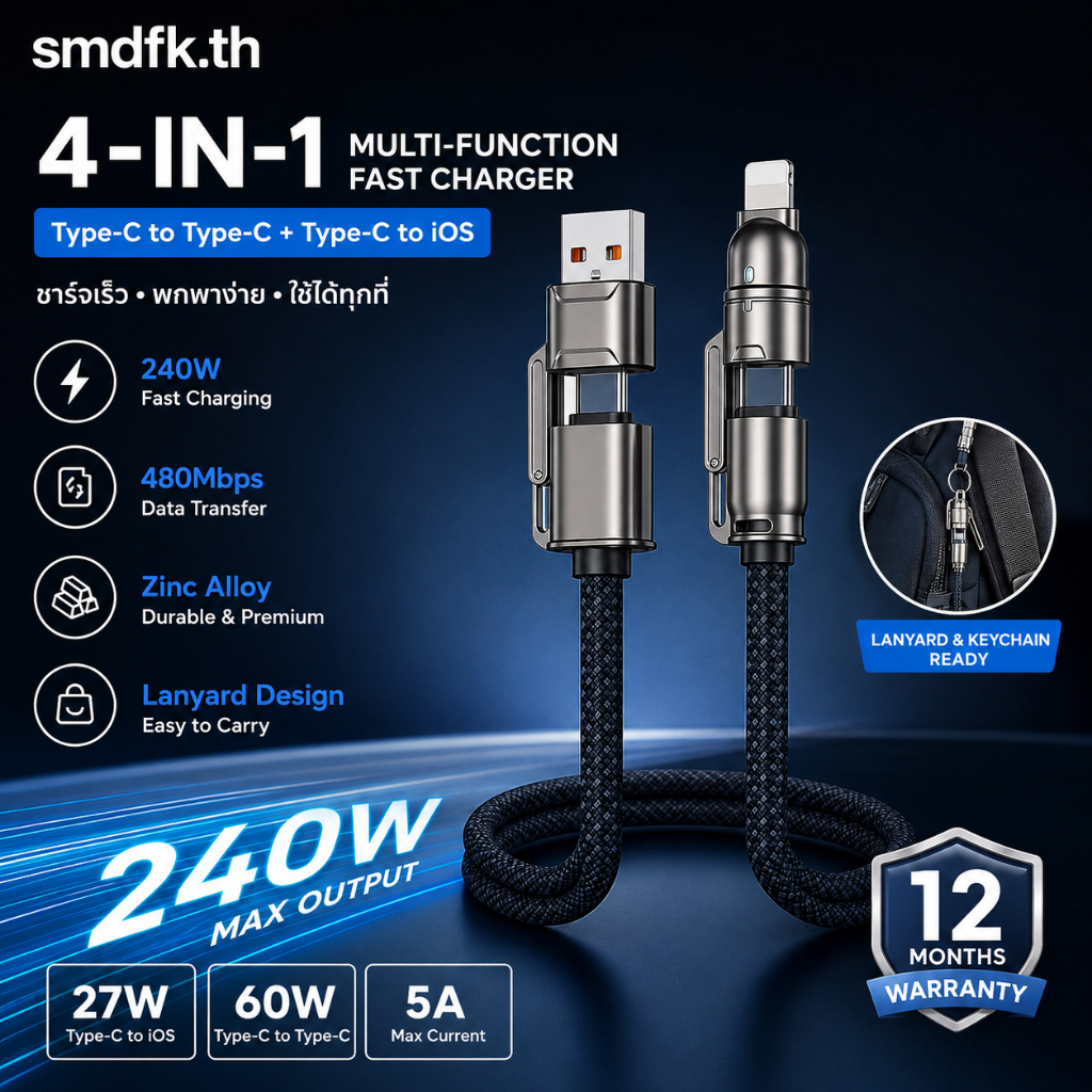 สายชาร์จเร็ว Type-C 60W / Type-C to iOS 27W 0.3M/1.2M แบบคล้องคอพวงกุญแจ ถักทน พกง่าย ส่งข้อมูล 480M
