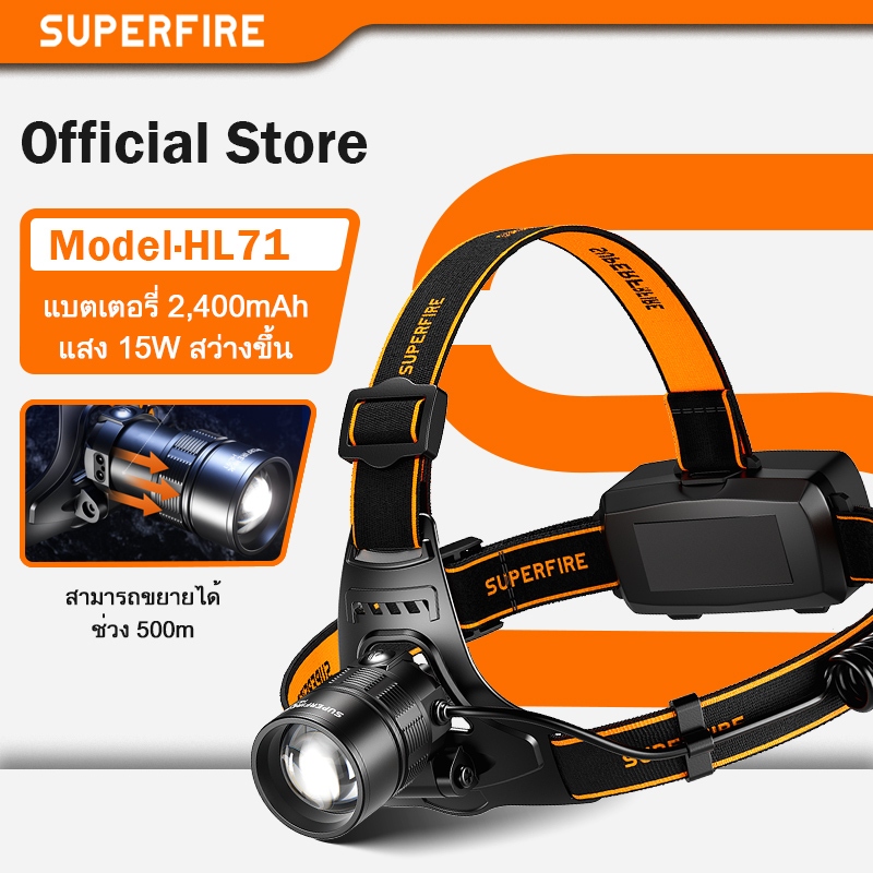 SUPERFIRE HL71 ไฟฉายคาดศีรษะ LED 15W ซูมได้ พร้อมตะขอ ชาร์จได้ กันน้ํา สําหรับตั้งแคมป์ เดินป่า