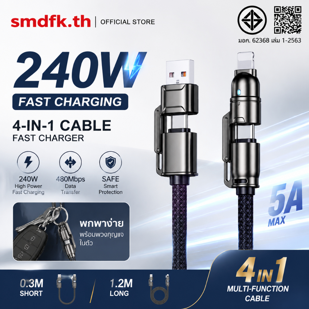 สายชาร์จเร็ว Type-C to Type-C/Type-C to iOS 60W/27W สายคล้องคอพวงกุญแจ 0.3/1.2ม. ถักทน ส่งข้อมูล 480