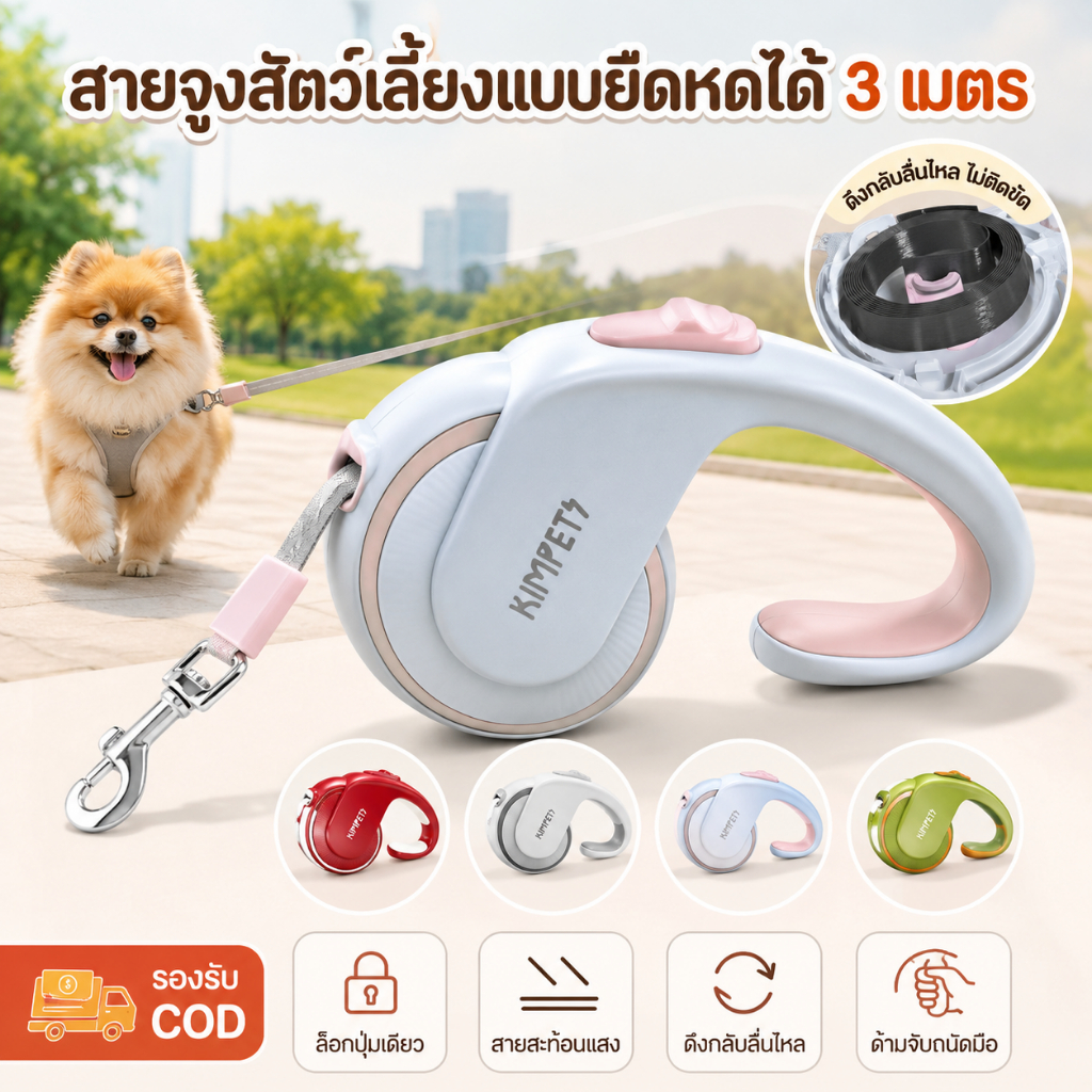 COD สายจูงสุนัขแบบยืดหดได้ 3 เมตร สายจูงสัตว์เลี้ยงอัตโนมัติ เชือกสะท้อนแสง ไม่พันกัน ด้ามจับกระชับมือ รับแรงดึงสูง