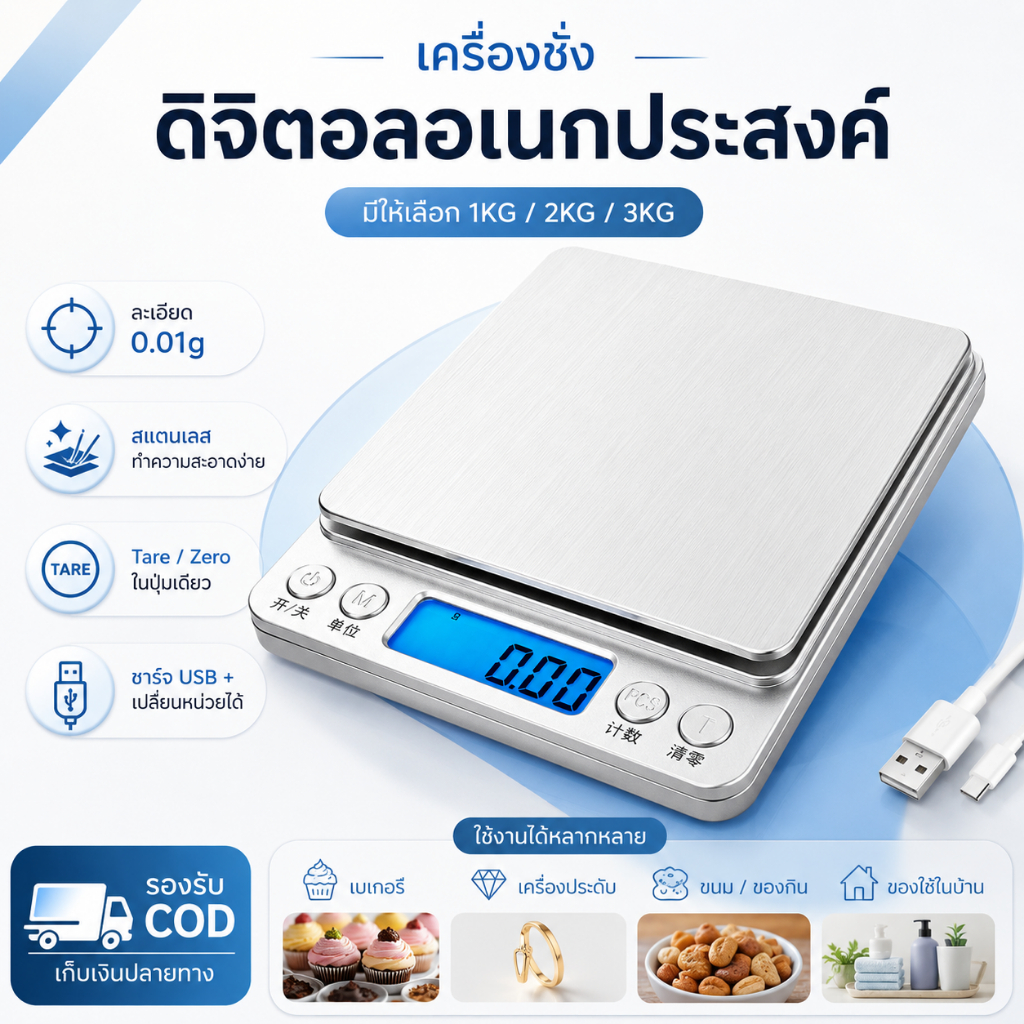 เครื่องชั่งดิจิตอล 3kg 0.01g เครื่องชั่งอาหารสแตนเลส ชาร์จ USB กันน้ำ ตราชั่งดิจิตอล สำหรับเบเกอรี่ ทำอาหาร