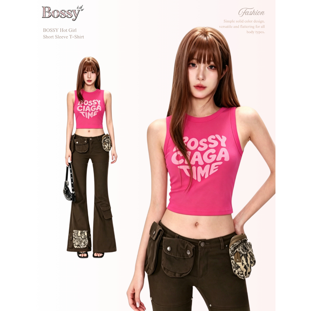 BOSSY เสื้อกล้ามสาวแซ่บ ลายหัวใจและตัวอักษร สไตล์อเมริกันวินเทจ ผ้าฝ้าย100%#C+5518