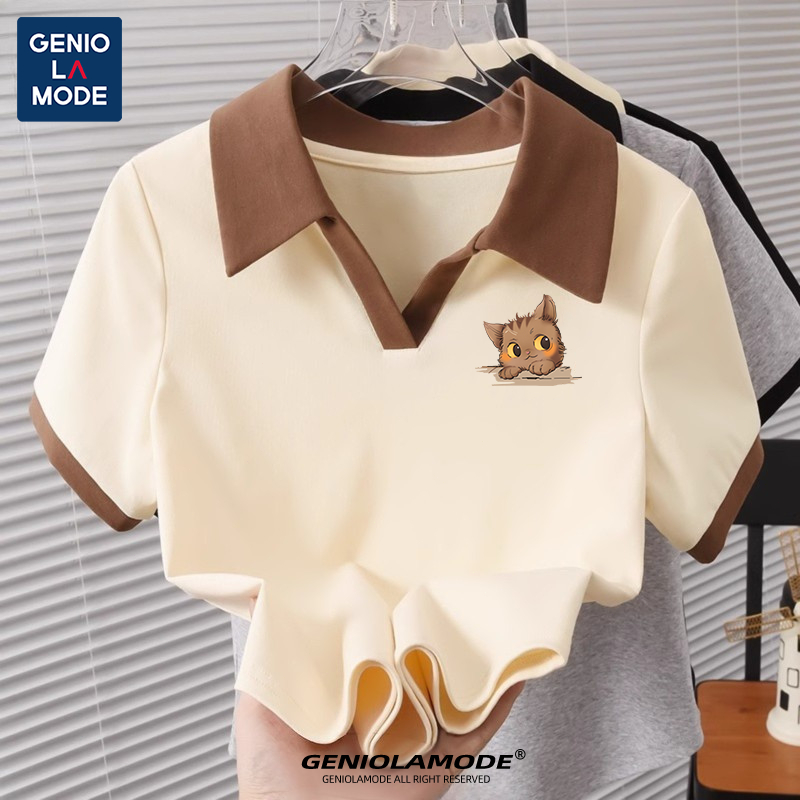 GENIO LAMODE เสื้อโปโลผู้หญิง เสื้อยืดคอปกสีพื้น มินิมอลเกาหลี แมทช์ง่าย ใส่ได้ทุกวัน