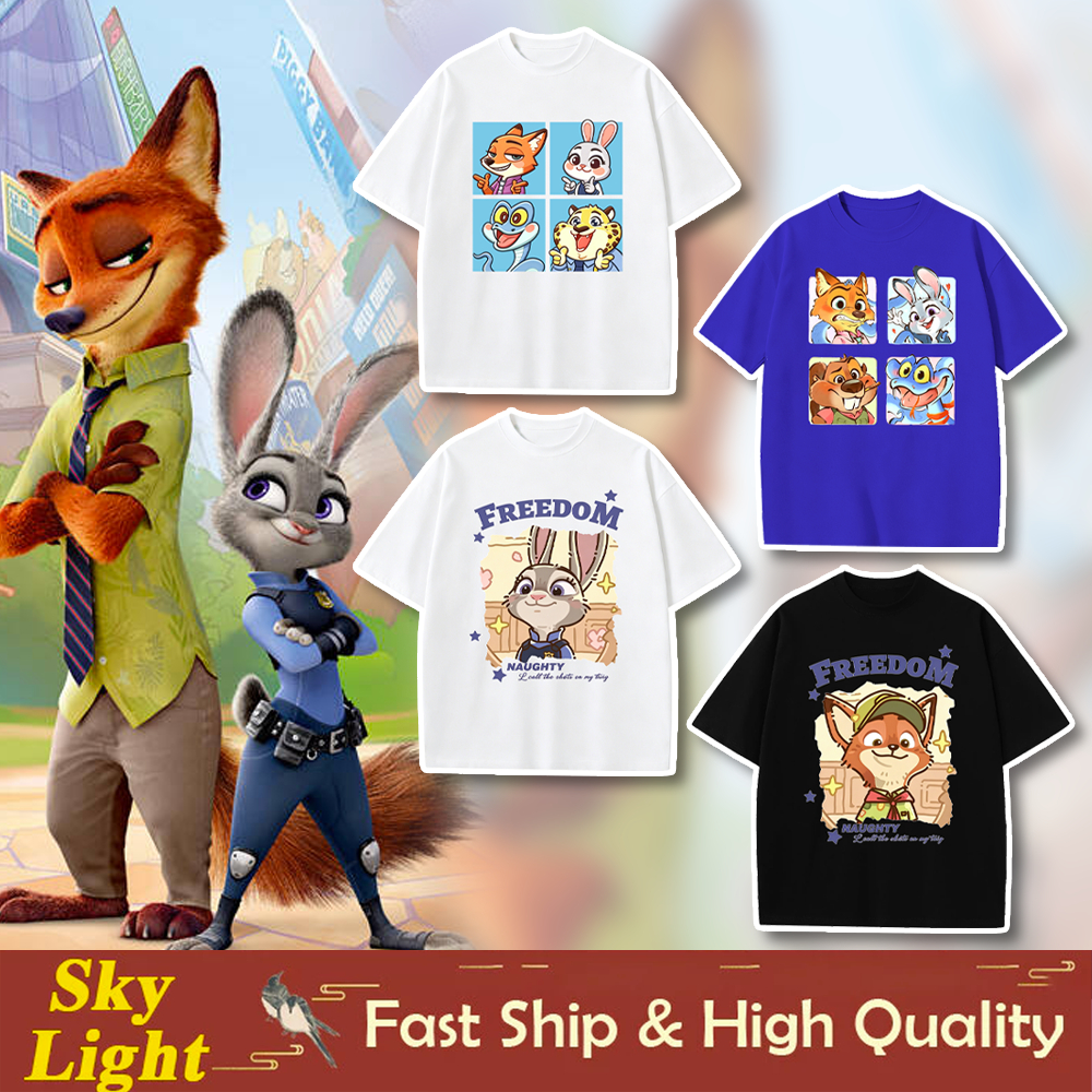 Zootopia เสื้อสําหรับเด็กผู้หญิงคอกลมแขนสั้น Tshirt ตัวการ์ตูน Nick Judy Hopps ชุดลําลอง