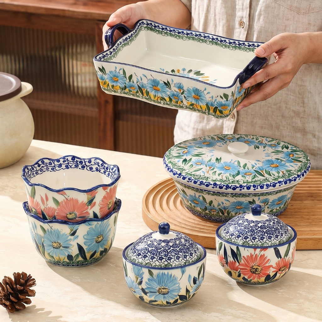 HongDian หม้อเซรามิก ceramic porcelain pot bowl ทรงวงรีพร้อมฝาปิด มาพร้อมชามอบ bakeware หูจับสองข้าง ลวดลายเพนต์มือดอกแดนดิไลออน ลายใต้เคลือบ underglaze สีคงทนไม่ซีดเข้าไมโครเวฟ เตาอบ และเครื่องล้างจานได้ ดีไซน์หรูเหมาะสำหรับใช้ในบ้านและตกแต่งโต๊ะอาหาร
