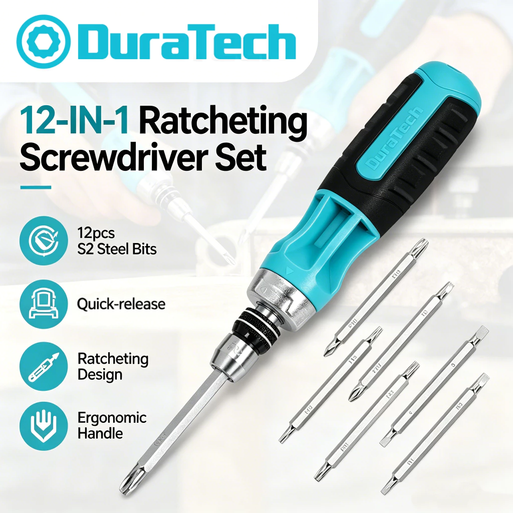 DURATECH 12 in 1 ชุดไขควงวงล้อแบบมือหมุน ดอกไขควง พร้อมชุดหัวไขควงเหล็ก S2 จำนวน 12 ชิ้น ระบบเปลี่ยนหัวด่วน เก็บในด้ามจับ ฟังก์ชันสลับทิศทางซ้าย-ขวา หัวแม่เหล็กดูดซับสกรูได้ เหมาะสำหรับงานซ่อมบำรุง งานระบบไฟฟ้า และงานประกอบทั่วไป