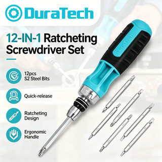 DURATECH 12 in 1 ชุดไขควงวงล้อแบบมือหมุน ดอกไขควง พร้อมชุดหัวไขควงเหล็ก S2 จำนวน 12 ชิ้น ระบบเปลี่ยนหัวด่วน เก็บในด้ามจับ ฟังก์ชันสลับทิศทางซ้าย-ขวา หัวแม่เหล็กดูดซับสกรูได้ เหมาะสำหรับงานซ่อมบำรุง งานระบบไฟฟ้า และงานประกอบทั่วไป