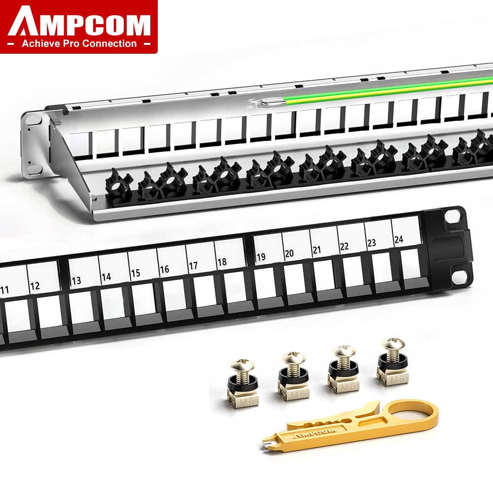 AMPCOM แผงแพทช์ปุ่มเปล่า 24 พอร์ต, 1U STP ,19 นิ้วแร็คติดผนังพร้อมแผงจัดการสายเคเบิลด้านหลัง, RJ45 Ethernet