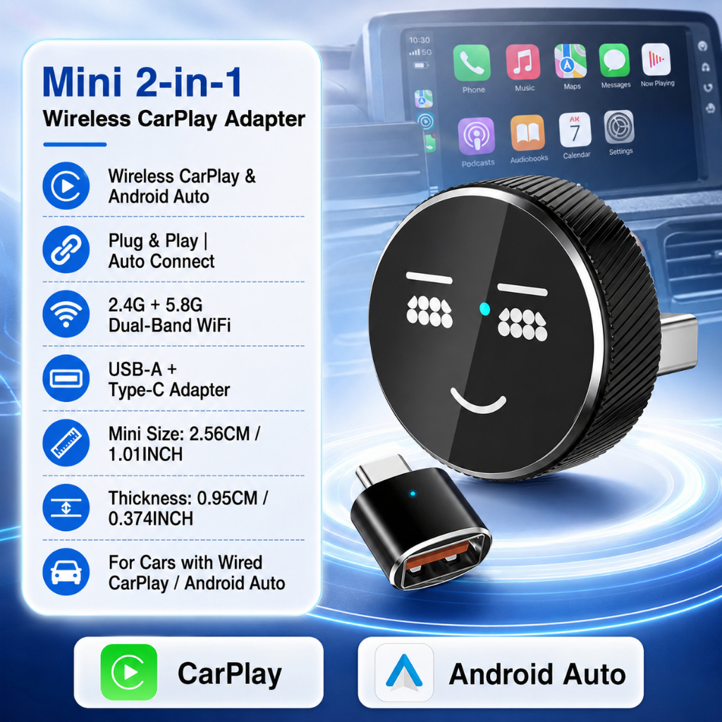 2 in 1 Wireless CarPlay Android Auto Adapter Mini USB Dongle, Wired to Wireless Car Play Converter P