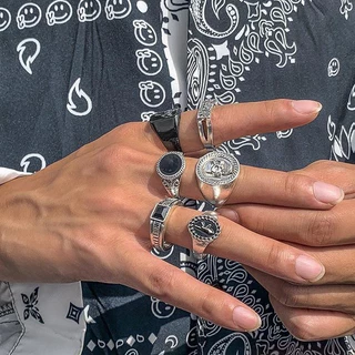 Hiphop ชุด 6 ชิ้น Retro Hip-Hop Silver Geometric แหวนลูกปัดชุดเครื่องประดับผู้ชาย