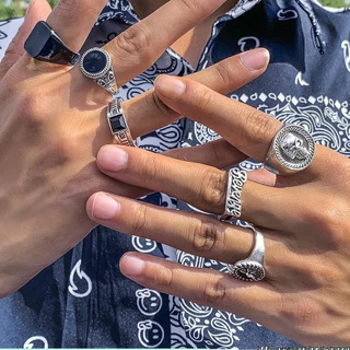 Hiphop ชุด 6 ชิ้น Retro Hip-Hop Silver Geometric แหวนลูกปัดชุดเครื่องประดับผู้ชาย
