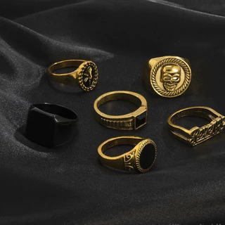 Hiphop ชุด 6 ชิ้น Retro Hip-Hop Silver Geometric แหวนลูกปัดชุดเครื่องประดับผู้ชาย