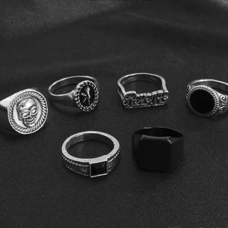 Hiphop ชุด 6 ชิ้น Retro Hip-Hop Silver Geometric แหวนลูกปัดชุดเครื่องประดับผู้ชาย