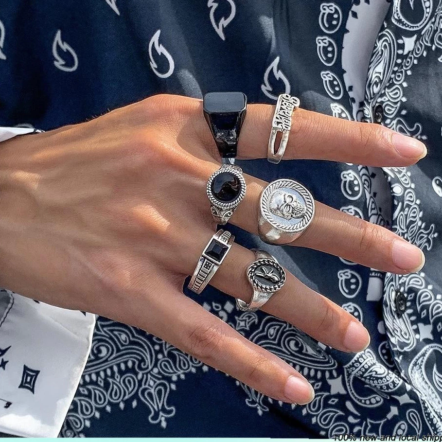Hiphop ชุด 6 ชิ้น Retro Hip-Hop Silver Geometric แหวนลูกปัดชุดเครื่องประดับผู้ชาย