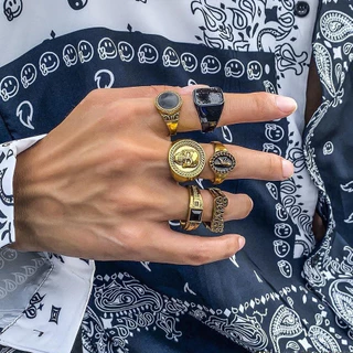 Hiphop ชุด 6 ชิ้น Retro Hip-Hop Silver Geometric แหวนลูกปัดชุดเครื่องประดับผู้ชาย