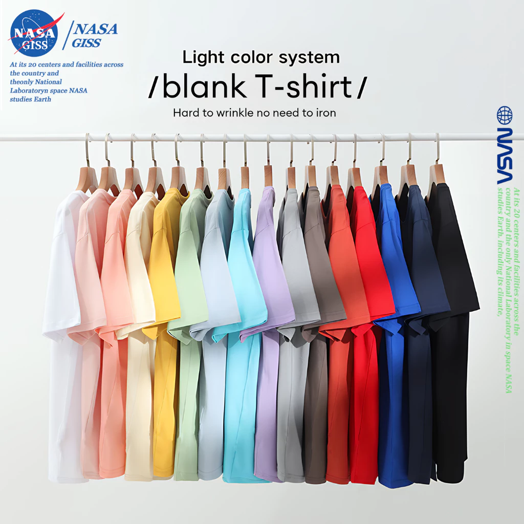 NASA เสื้อยืดชายหญิงแขนสั้น สไตล์ลำลอง สีโดปามีน summer คอตตอน t-shirt คอกลม ยับยากไม่ต้องรีด หลวมและระบายอากาศ