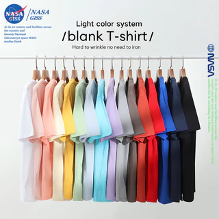 NASA เสื้อยืดชายหญิงแขนสั้น สไตล์ลำลอง สีโดปามีน summer คอตตอน t-shirt คอกลม ยับยากไม่ต้องรีด หลวมและระบายอากาศ