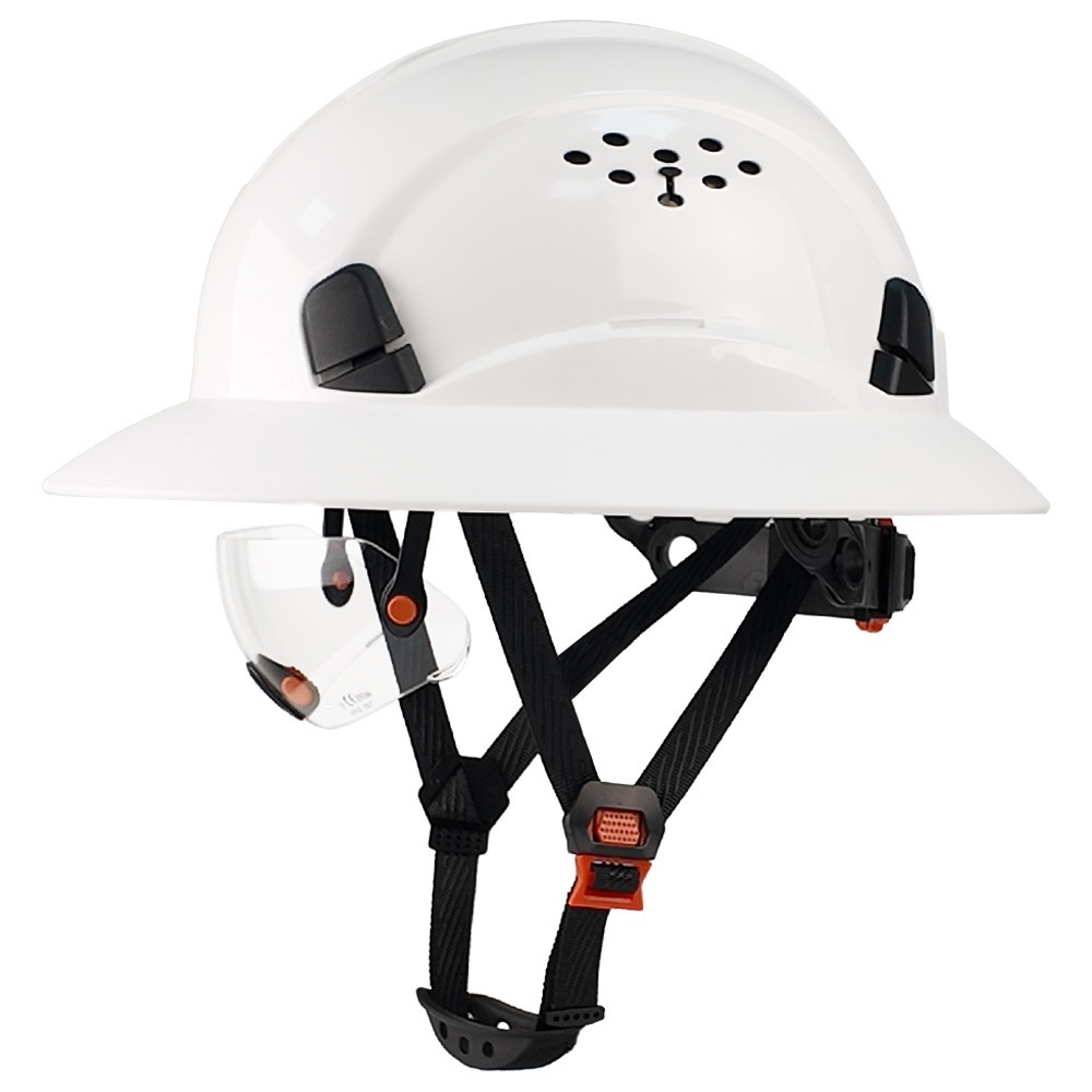 หมวกกันน็อค ANSI Full Brim พร้อม CE แว่นตาในตัว HDPE หมวกแข็งม่านบังแดดน้ําหนักเบา Breathable Construction Rescue หมวกทํางาน