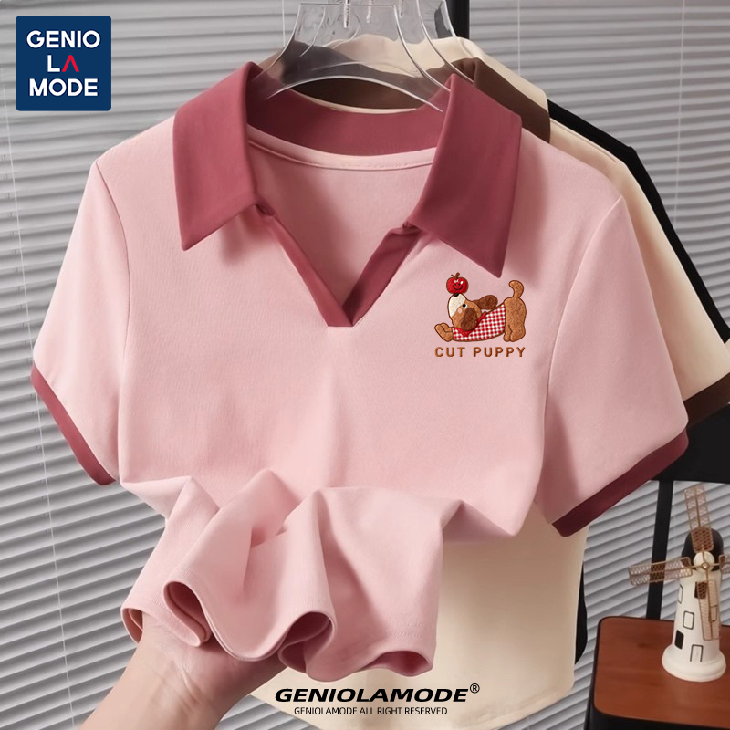 GENIO LAMODE เสื้อคอปกผู้หญิง เสื้อยืดสีพื้น ลุคคุณหนูดูแพง แมทช์ง่าย ใส่เที่ยวใส่ทำงาน