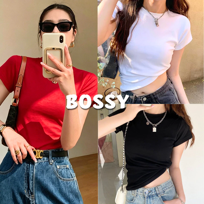 BOSSY เสื้อยืดไหล่เอวหยิกสีขาวแขนสั้นของผู้หญิงสลิมฟิตเสื้อฐานสั้นสาวเผ็ด ผ้าฝ้าย100%#E
