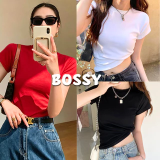 BOSSY เสื้อยืดไหล่เอวหยิกสีขาวแขนสั้นของผู้หญิงสลิมฟิตเสื้อฐานสั้นสาวเผ็ด ผ้าฝ้าย100%#E