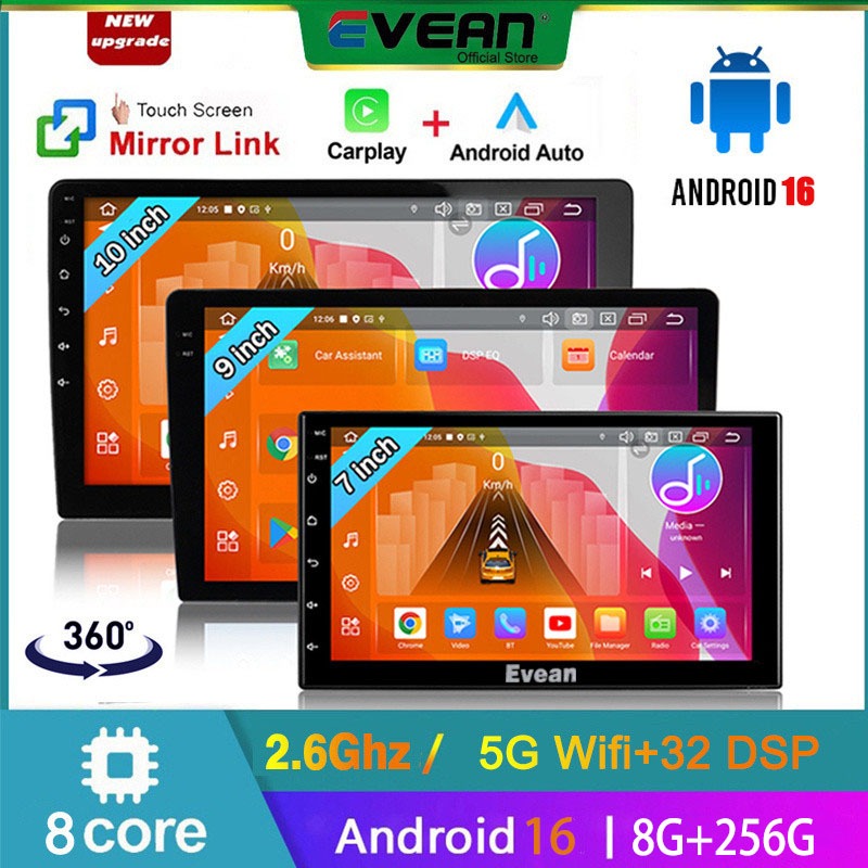 [8+256G Android 16 ]Evean 360 Panorama Car Android Player Octa Core Head Unit 7"/9"/10.1"หน้าจอสัมผัส | ไร้สาย CarPlay &Android Auto| สากล 2din